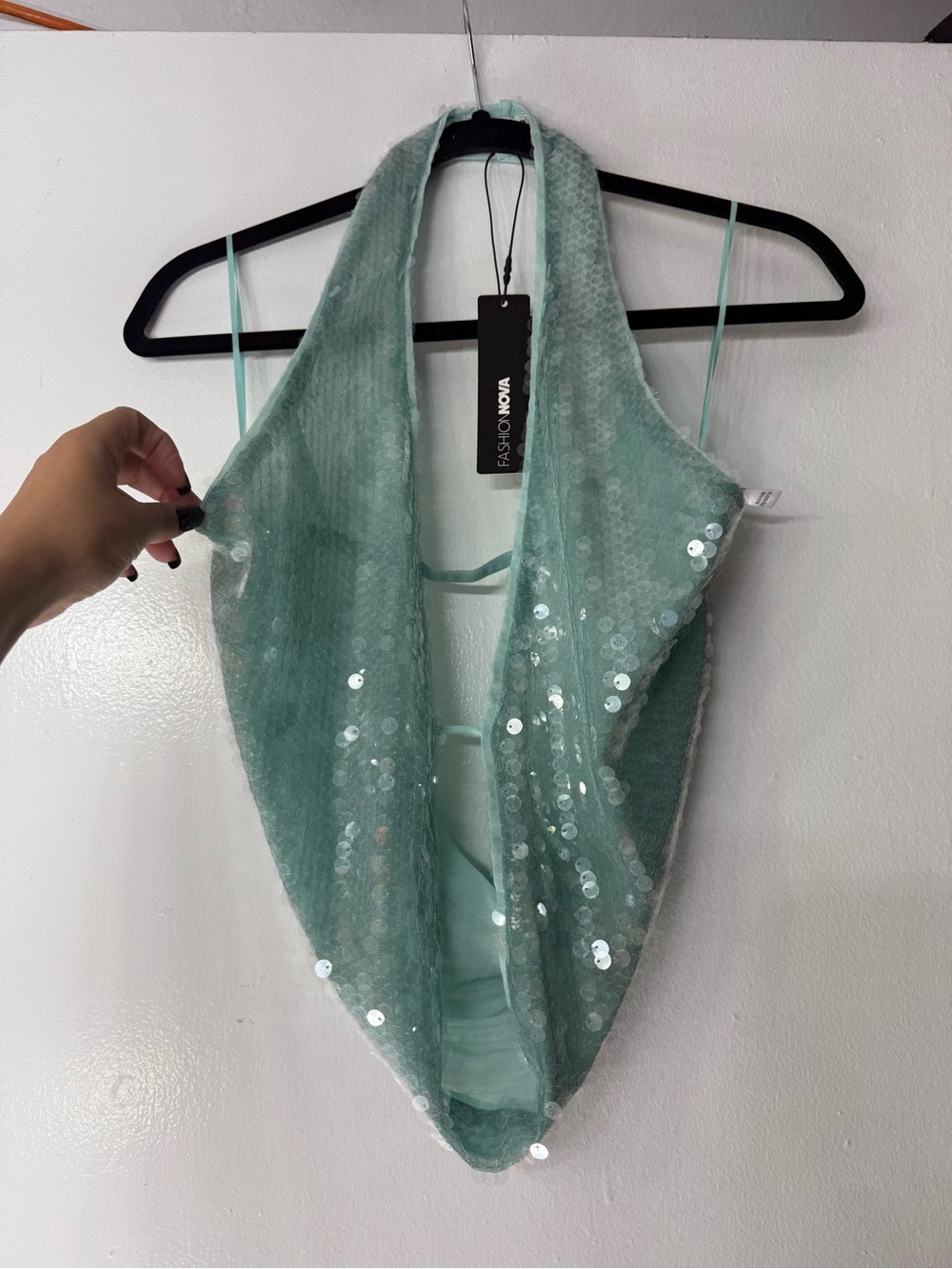 Fashion Nova Mint Green Sequin Halter Top